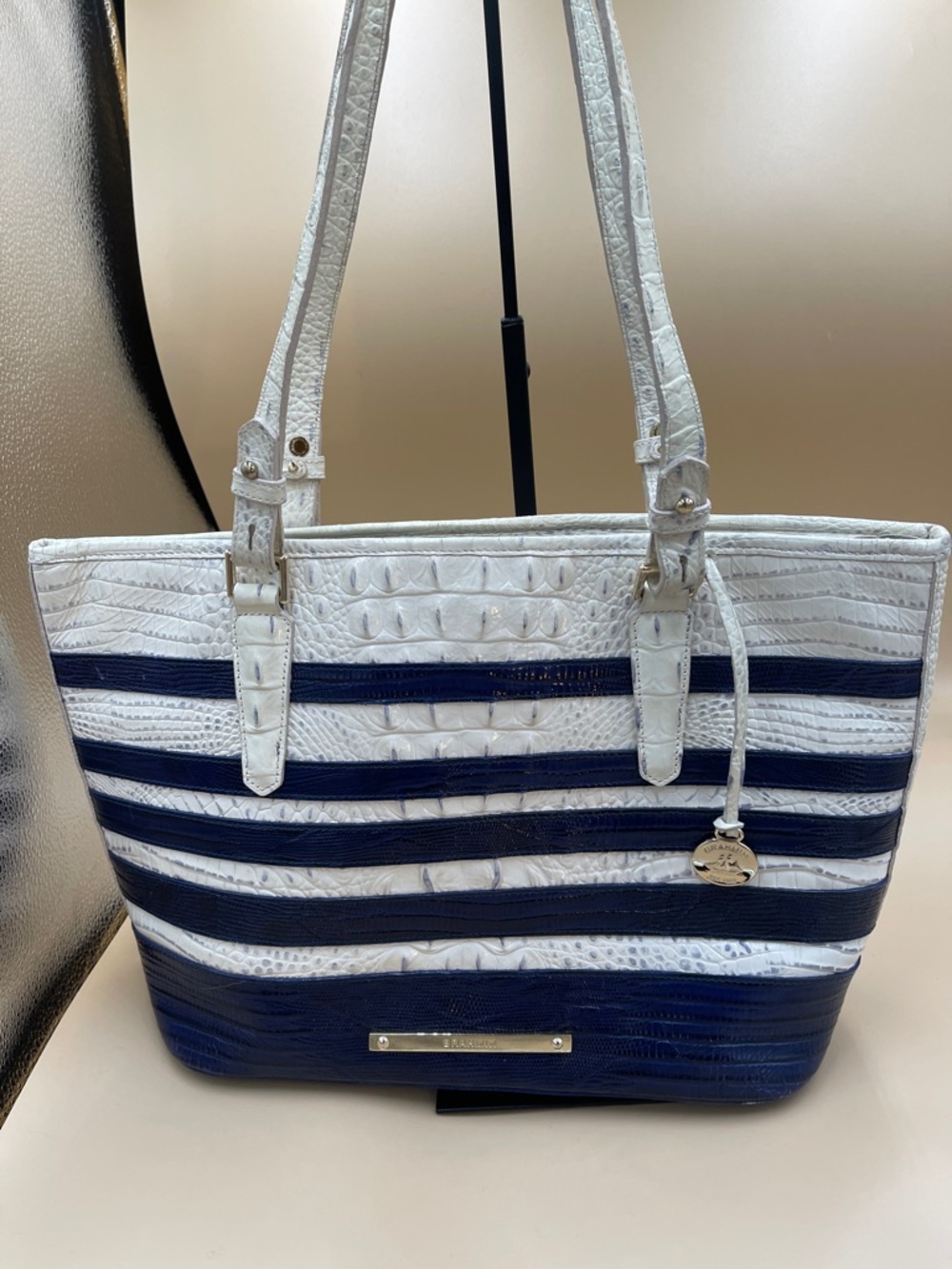 Brahmin Astor Striped White & Navy Tote Bag Nautical Classy Carryall Beautiful
